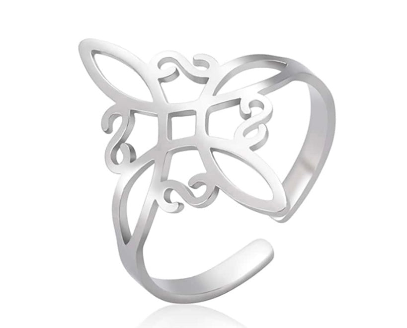Anillo acero inoxidable plateado Nudo de Bruja ajustable