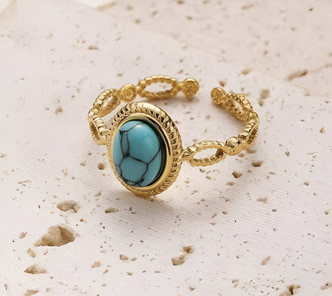 Anillo acero inoxidable dorado minerales ajustable