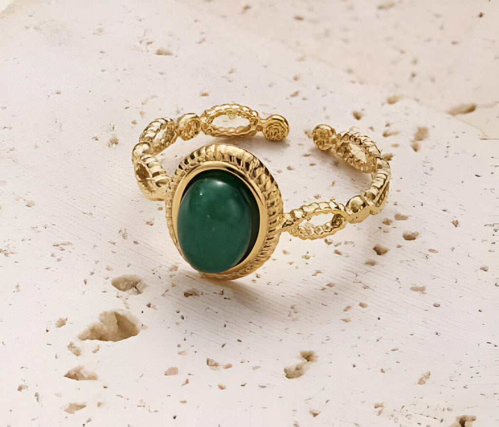 Anillo acero inoxidable dorado minerales ajustable